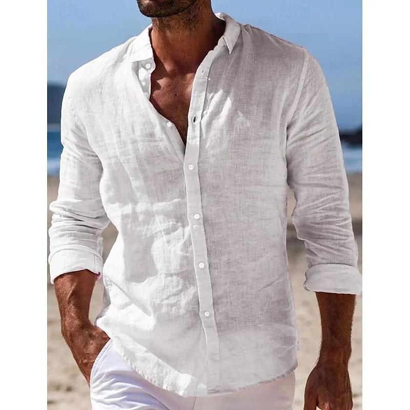 

Men s Long Sleeve Solid Color Button-Down Shirt, Casual Spring/Summer Lapel Design L белый