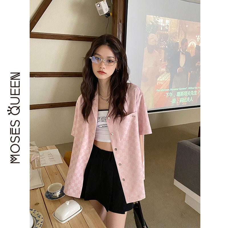 

Жіночі картаті сорочки з коротким рукавом літні в американському стилі тонка куртка вільна повсякденна універсальний жіночий одяг 2XL рожевий