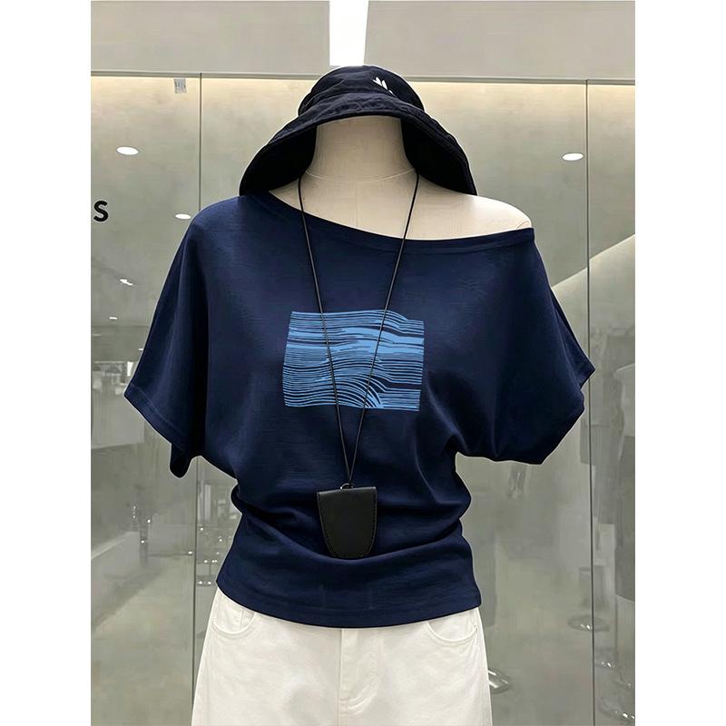 American fashion diagonal neck short-sleeved t-shirt women s summer new design sense niche thin cover shoulder top S