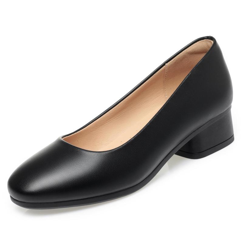 Single Shoes Women's Soft Leather Round Head Thick Heel Medium Heel Professional Women's Shoes Black Work Comfortable Women's Soft Sole  Shoes