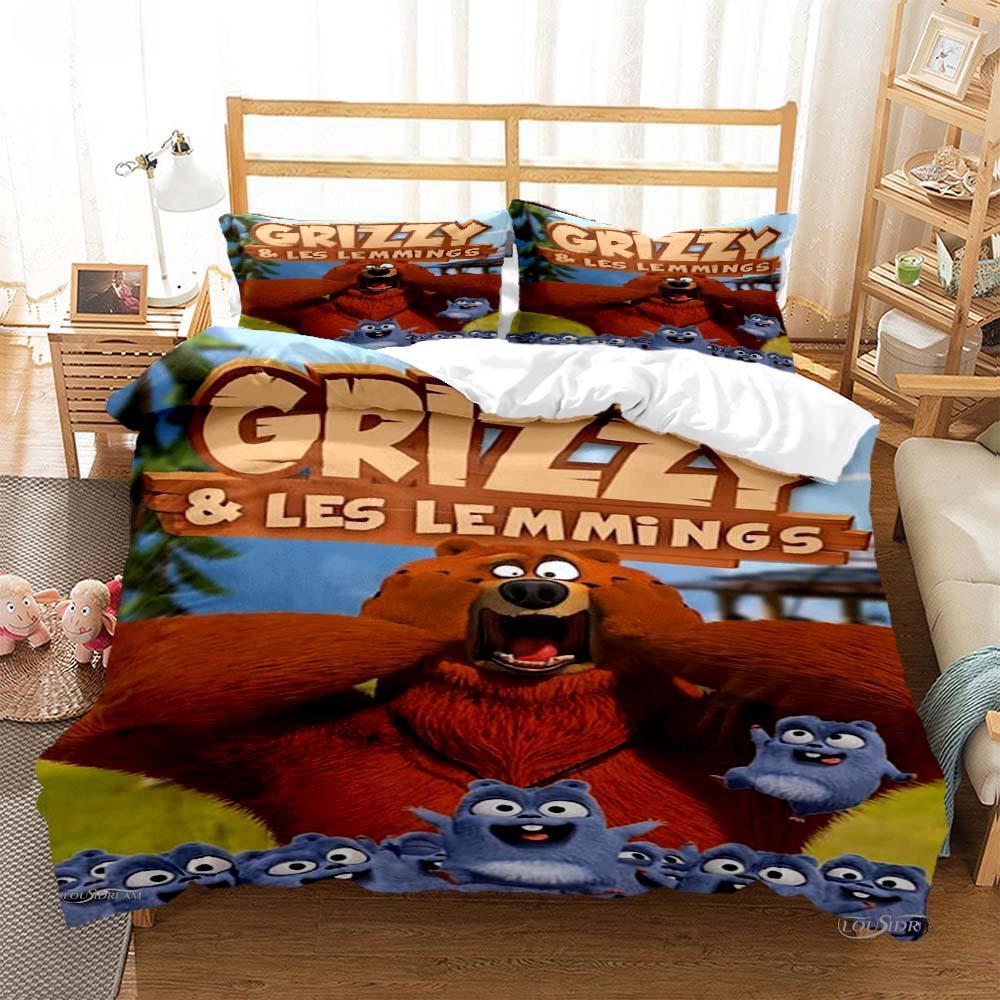Grizzly & The Lemmings Cartoon Anime Husă de plapumă Set de lenjerie de pat cuvertură moale Husă de pilota și fețe de pernă Single/dublu/Queen/King
