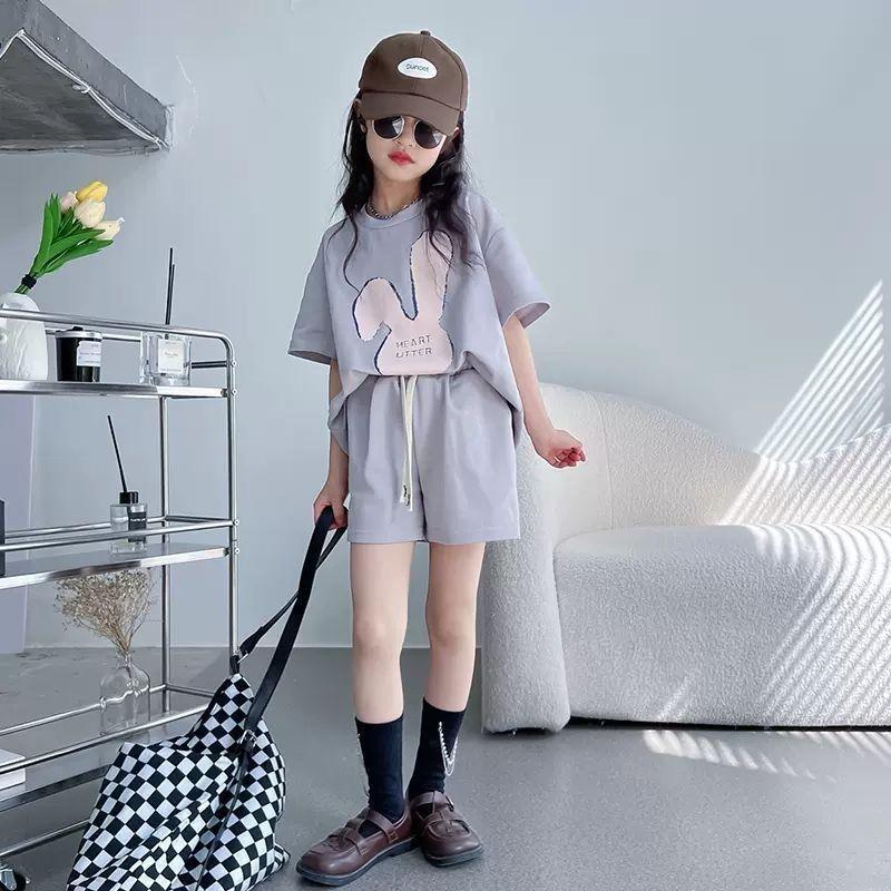 

Летний комплект для девочек, летний детский спортивный комплект с коротким рукавом из двух предметов 170 серый