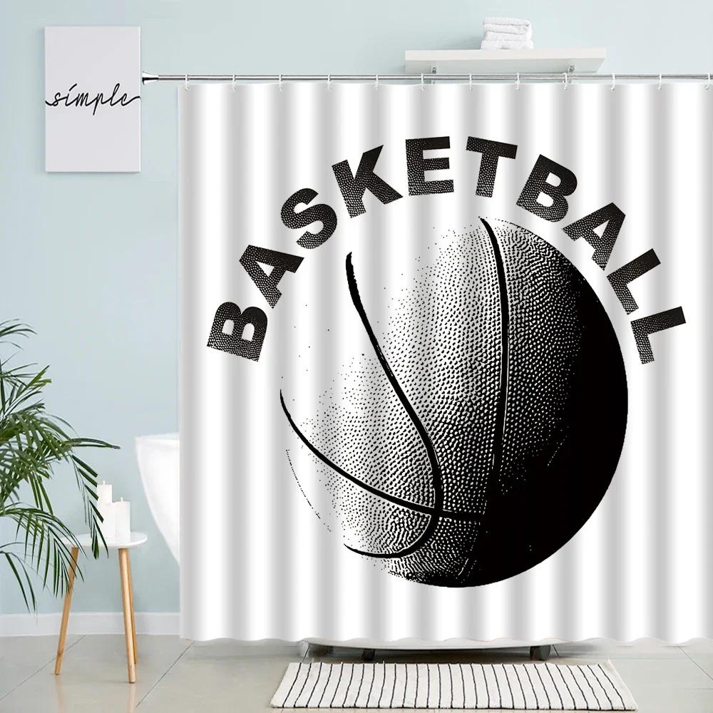 Sports Theme Shower Curtain Basketball Football Abstract Creative Pattern Bathroom Decor With Hook Waterproof Polyester Screen