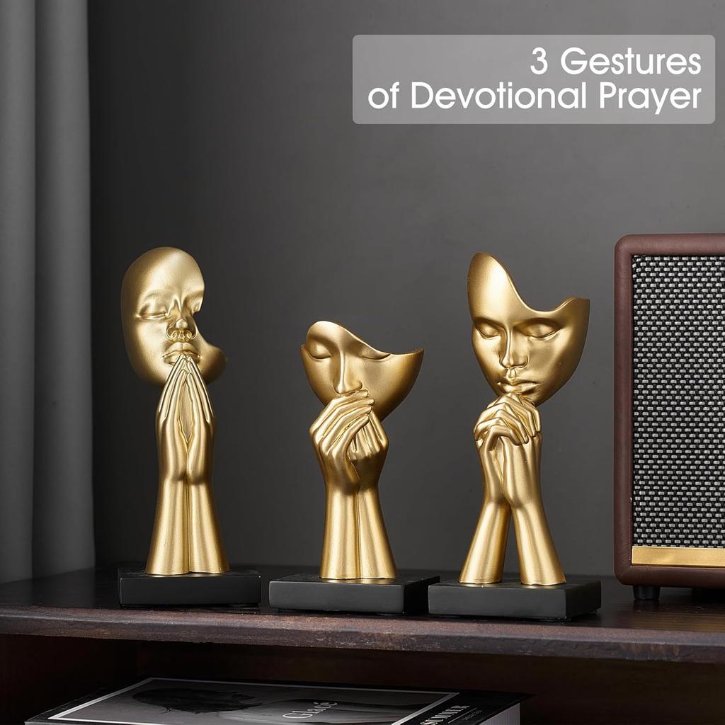 3 Pcs Gold Decor Prayer Statues, Modern Prayer of Peace Figurines Shelf Decor Accents, Abstract Art Sculpture Home Decorations for Living Room