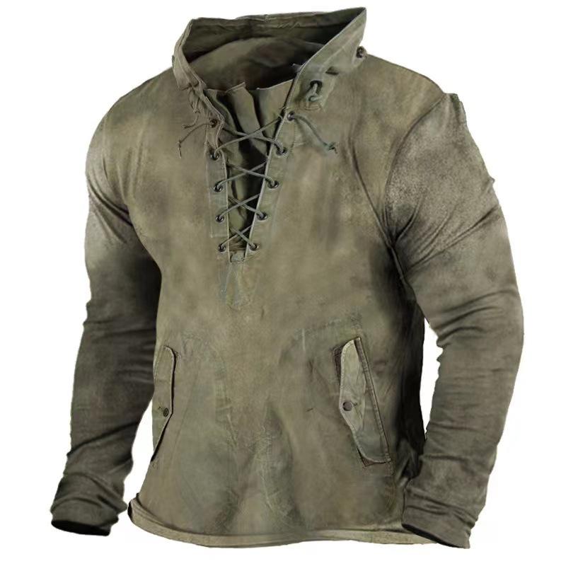 Men Vintage Washed Lace-Up Stand Collar Long Sleeve Shirt
