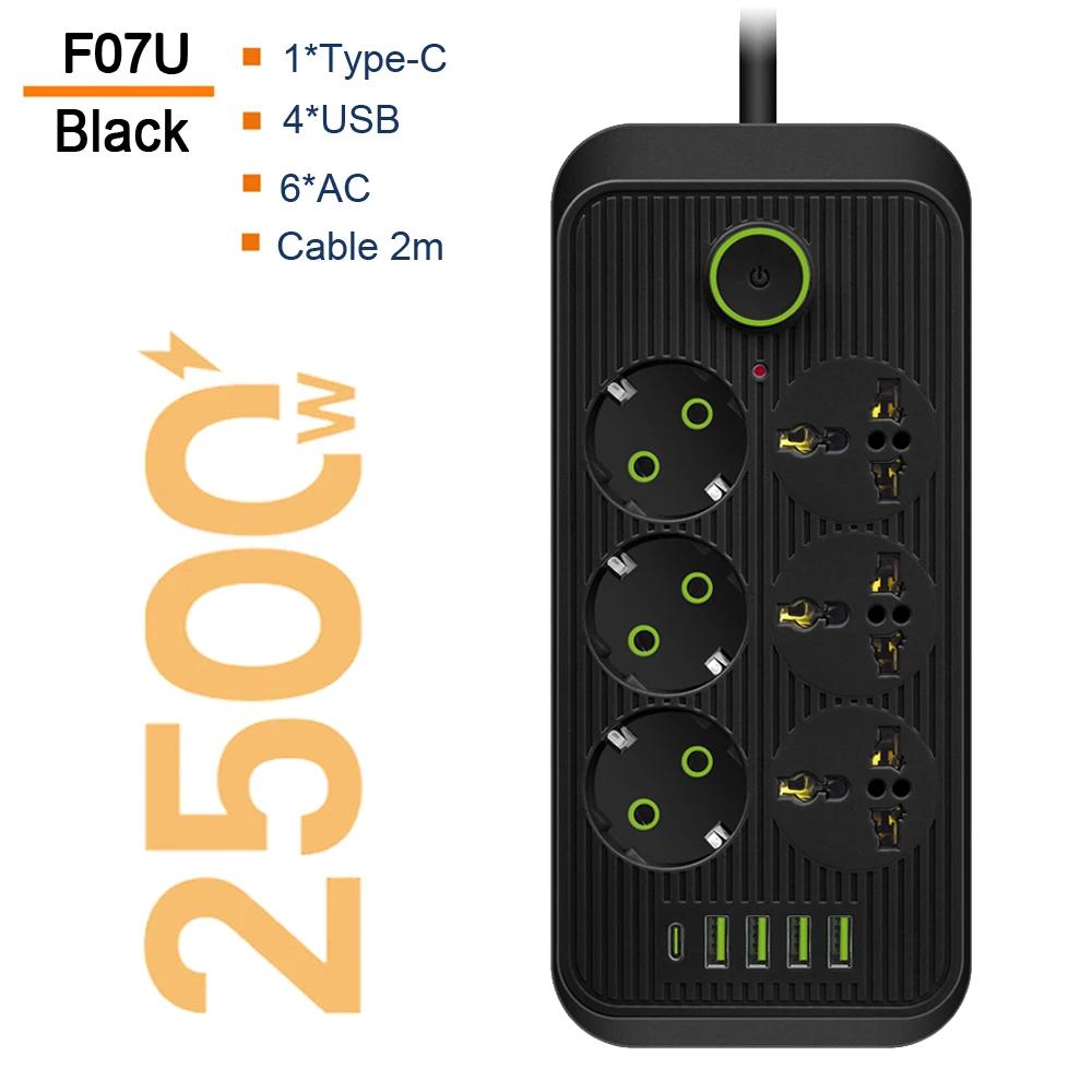 2500W EU Plug Power Strip 2M Extension Cable Electrical 3 AC Socket Network Filter With 4 USB Type C Fast Charging Ports