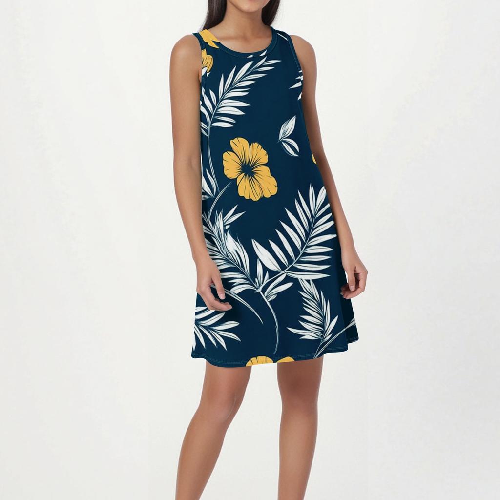 Women's Fashion Beach Dress Sleeveless Round Neck Floral Print Dress