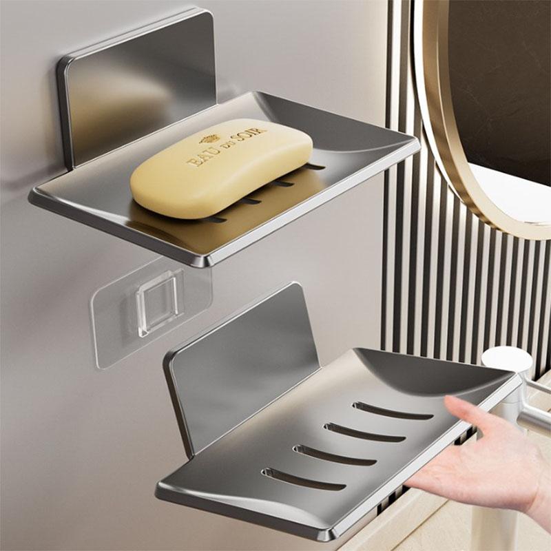 Adhesive Aluminum Soap Dish Holder No Drill Wall Mounted with Drainage Net for Bathroom Shower Storage Rack