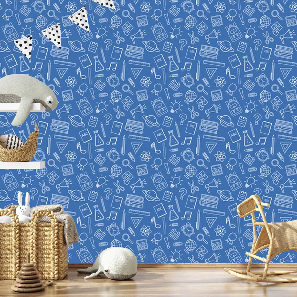 Wallpaper School Supplies Blue and Azure, Blue Background 50x1000