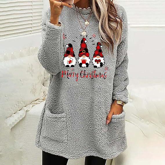 Women's Christmas Letter Print Round Neck Loose Long Sleeve Plush Hoodie