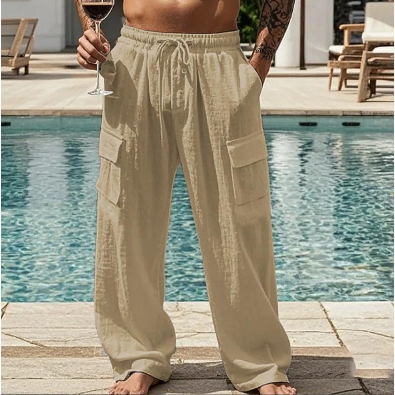 Pánské bavlněné a lněné tenké prodyšné pracovní oděvy pro všechna roční období, volné ležérní trendy kalhoty se širokými nohavicemi a více kapsami