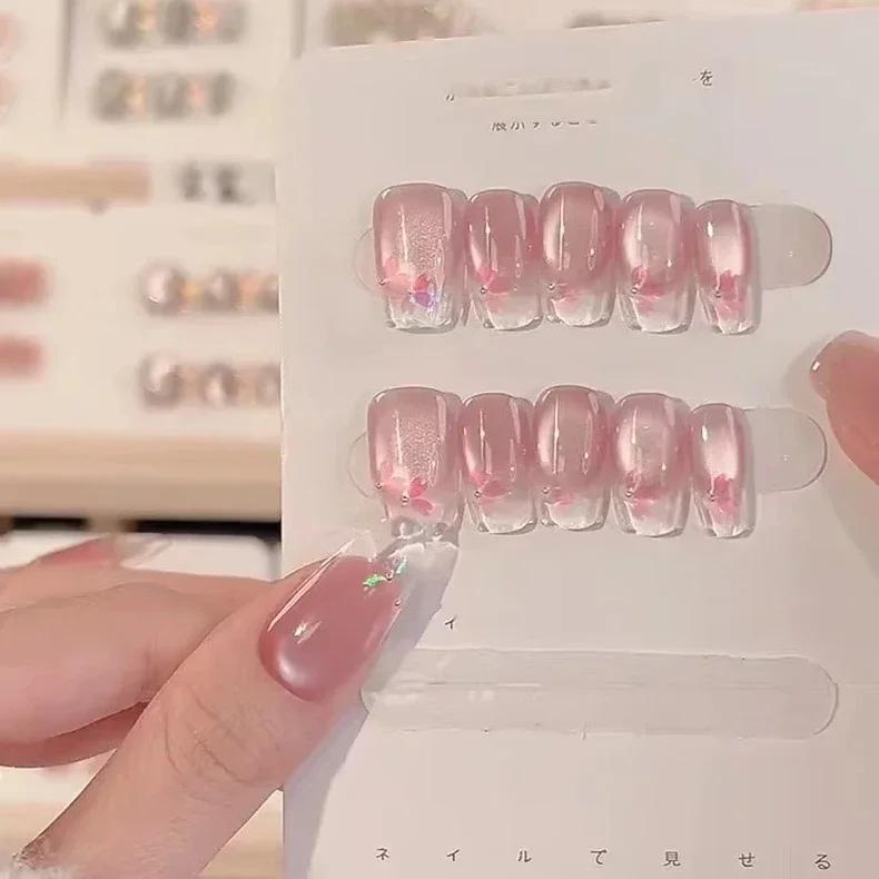 10Pcs Pink Cat Eye Flower Press On Nails Sweet Cute Coffin Shape Full Cover Shiny Ballet False Nails Handmade Fake Nails