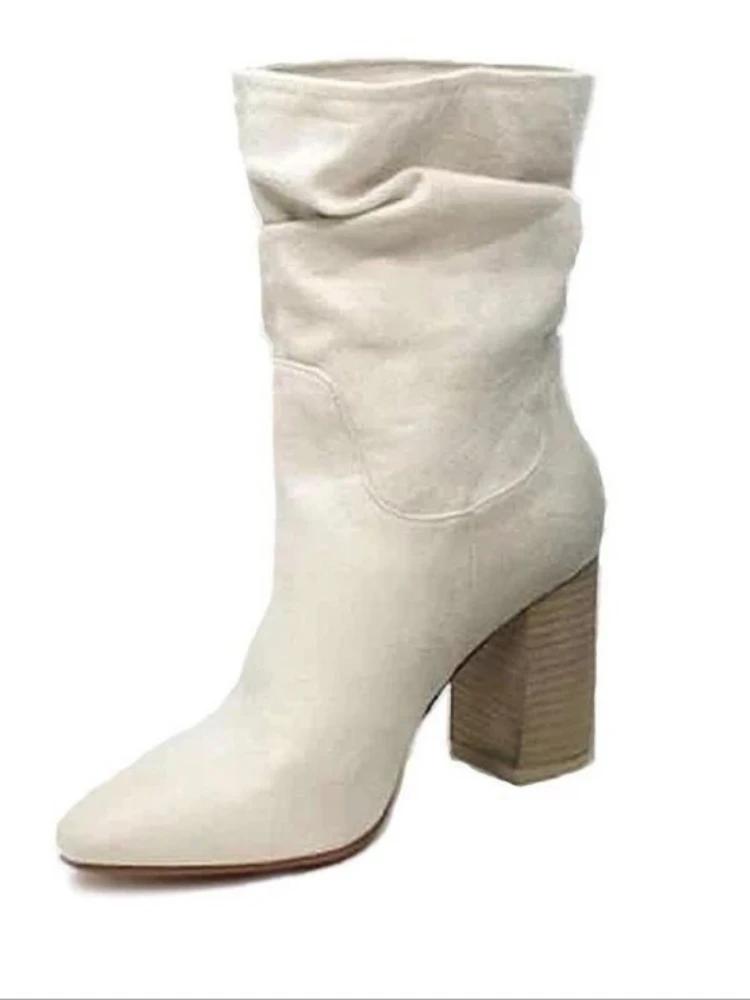 Høye Hæler Ankelstøvletter Dame Mote Semsket Støvletter Tykk Hæl Damesko Slip on Korte Støvletter for Kvinne Sko Dropship Pluss Størrelse