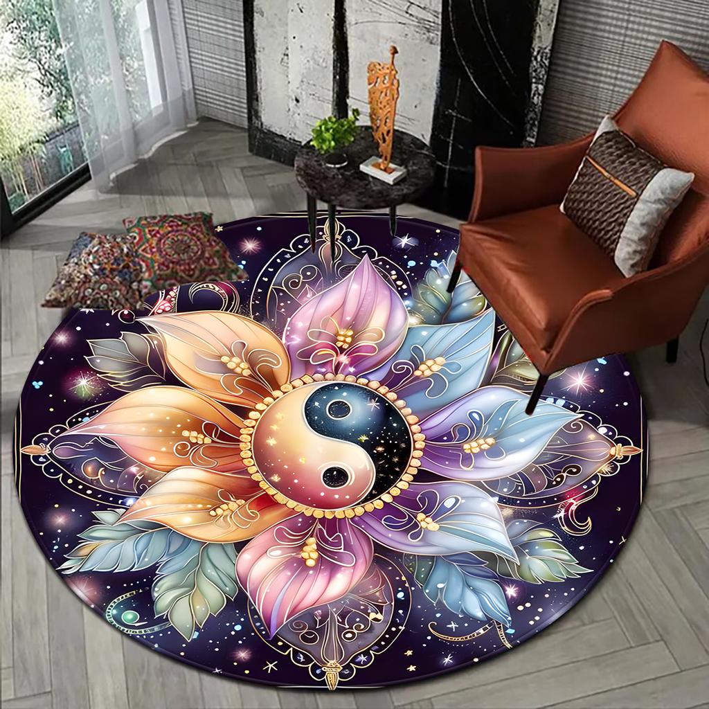 Tai Chi Yin Yang Lotus Round Rug, Colorful Non-Slip Fade-Resistant Circular Carpet for Bedroom and Living Room Decor