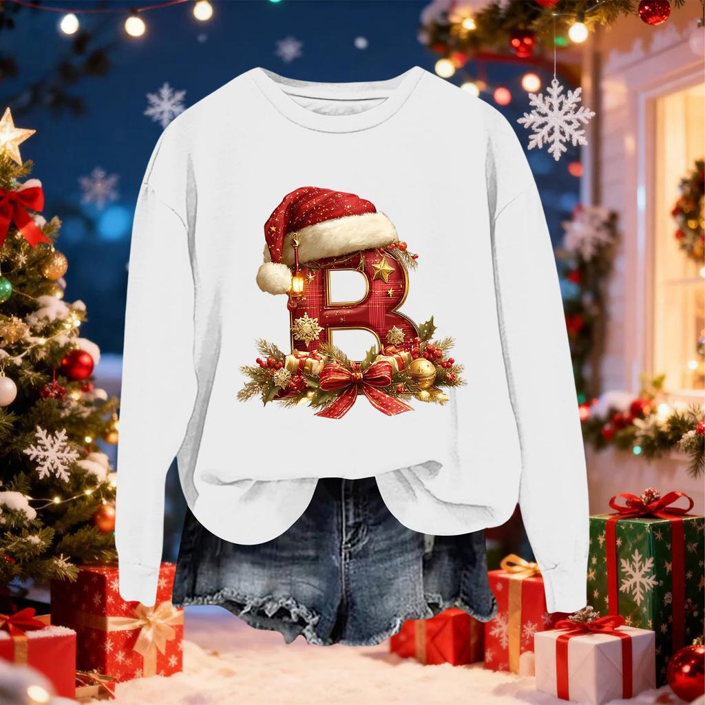 Women's Fashionable Casual Long-Sleeved Christmas Letter Print Crew-Neck Sweatshirt