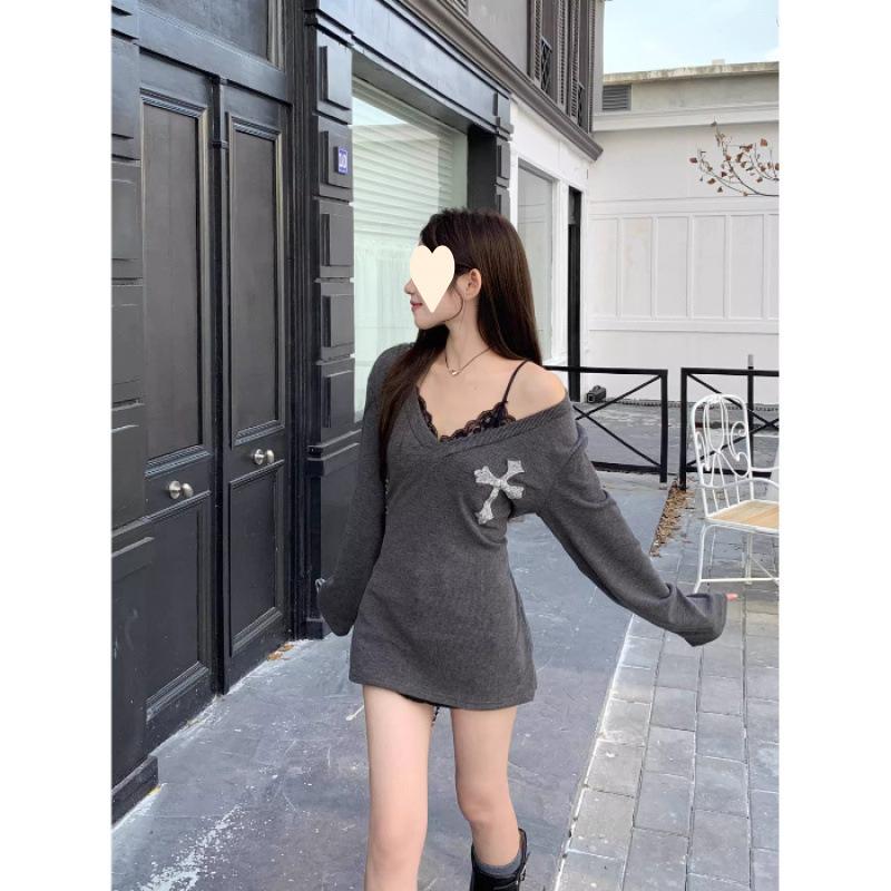 Pure lace inner long-sleeved dress women s autumn new Spice Girl sexy tight hip skirt S