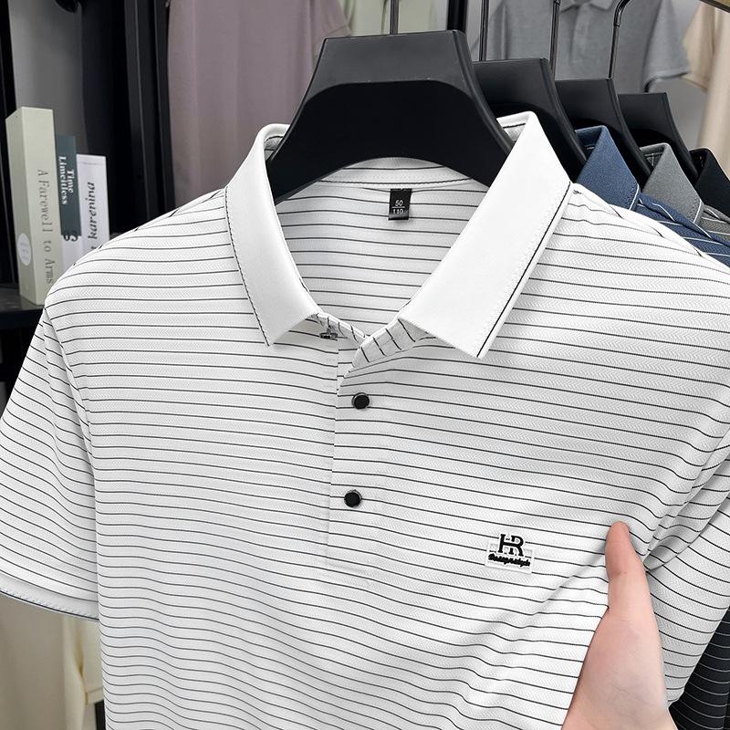 

Высококачественная вышитая рубашка поло, футболка с короткими рукавами, воротник-лацкан, полосатый повседневный мужской топ с короткими рукавами 2XL
