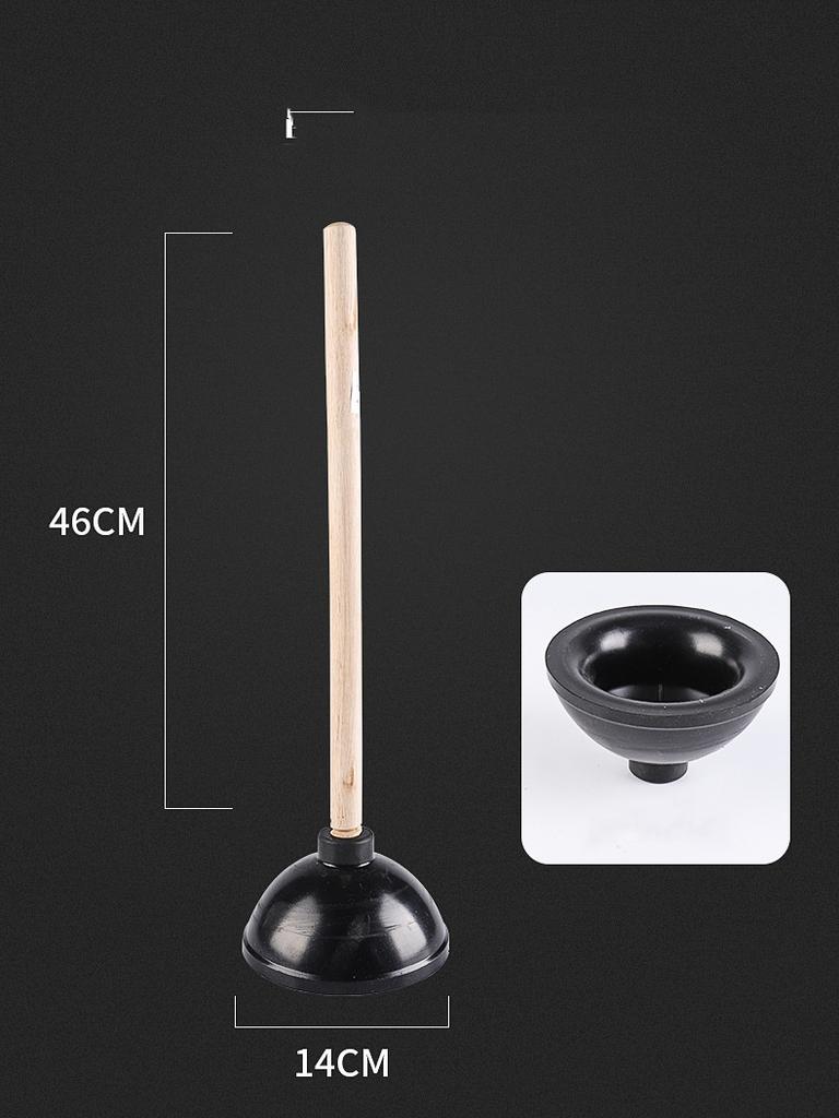 Heavy-duty Powerful Black Cup-shaped Rubber Toilet Plug Long Wooden Handle - Solves Toilet and Sewer Clogging Problems for Kitch