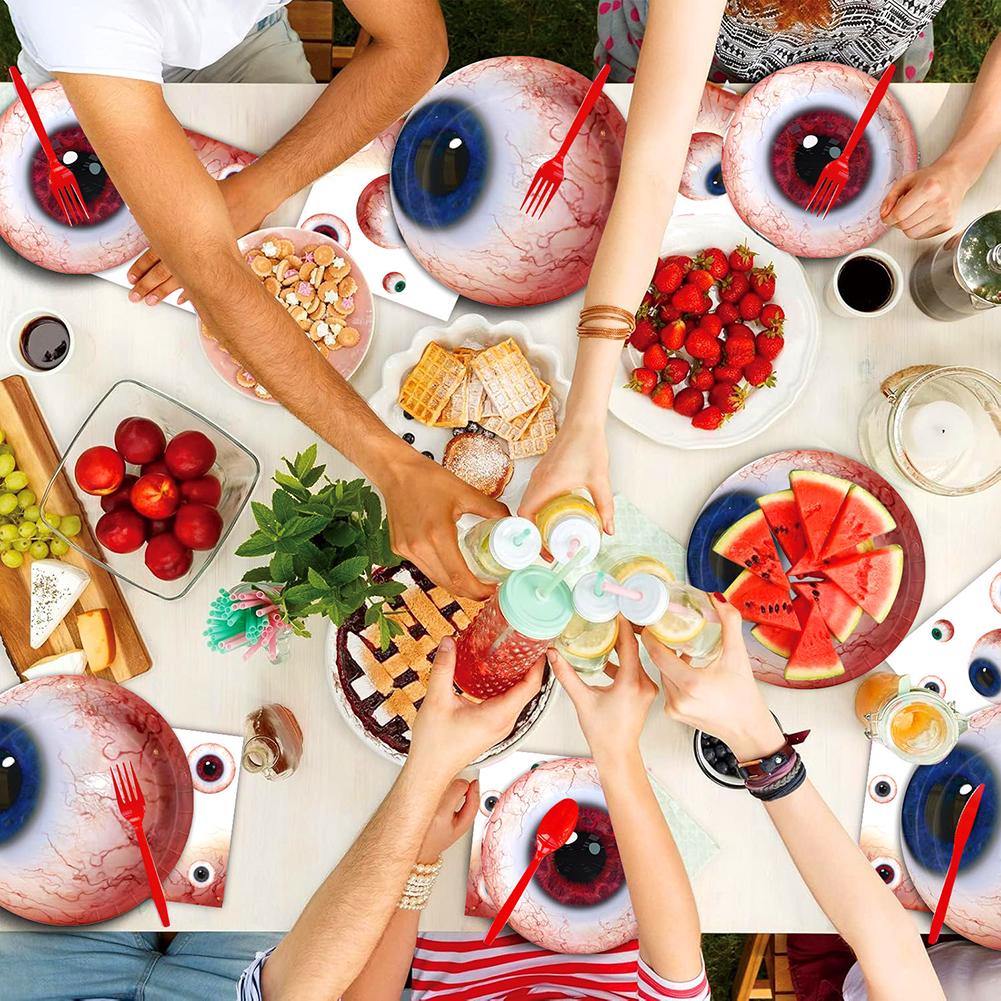 Halloween Eyeball Theme Party Supplies Set Scary Disposable Tableware Kit Plates/Napkins/Banner/Tablecloth Decor All-in-One Pack