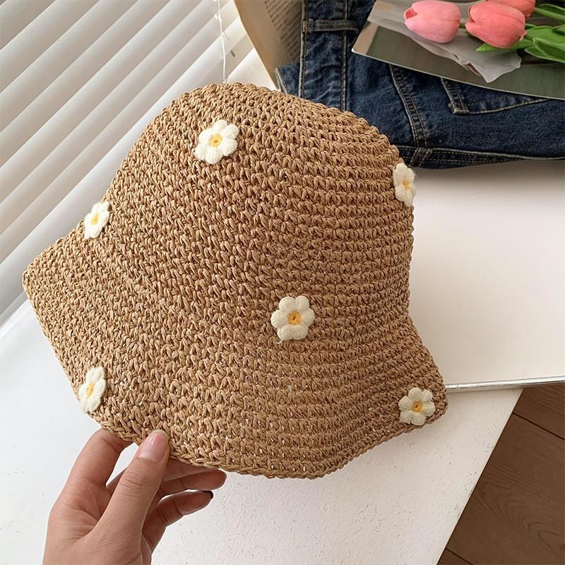 Seaside Flower Straw Hat Women Summer Foldable Sunscreen Sunshade Bucket Hat Vacation Wind Travel Hollow Woven Hat