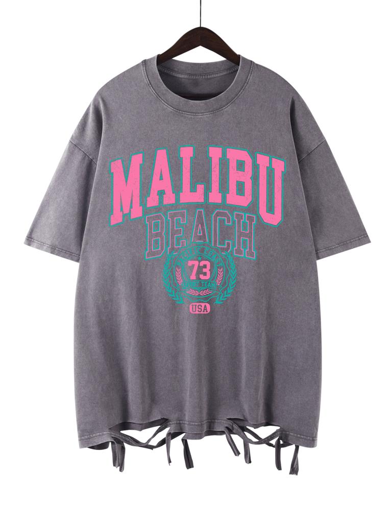 Malibu Beach Letter Prints Washed TShirt Cotton Women Oversized T Shirt Casual ONeck Short Sleeve Tops New Woman Clothes