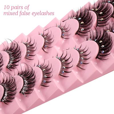10 Pairs Of Chemical Fiber False Eyelashes Mixed With Diamonds, Thick Stage Decoration Eyelashes