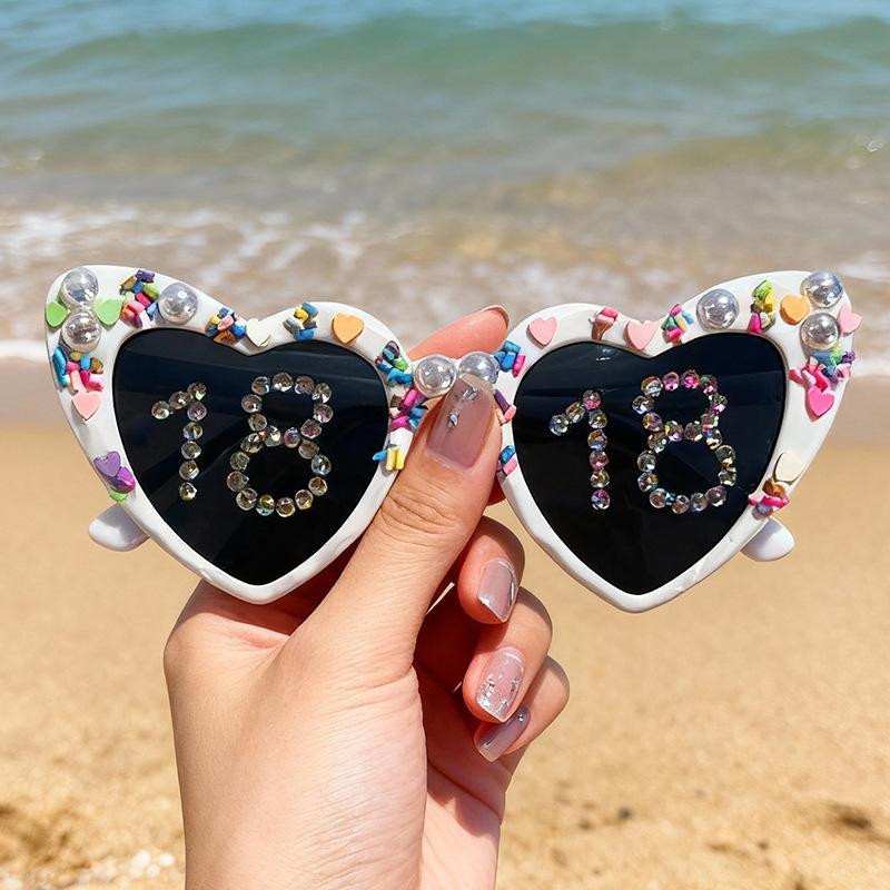 Birthday Party Glasses Fashionable Diamond-Encrusted Digital Pearl Love Men'S And Women'S Decorative Photo Sunglasses