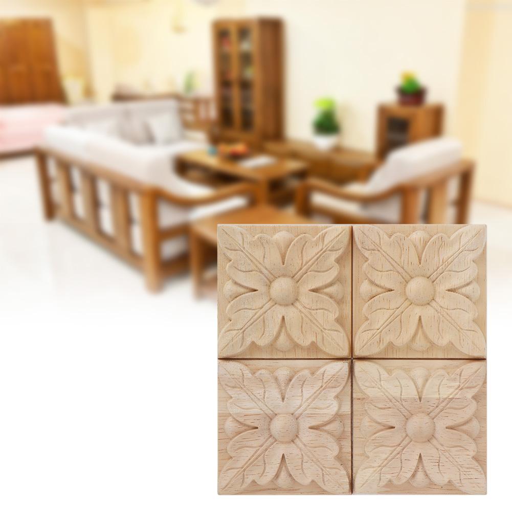4Pcs Carving Checkered Applique Unpainted Decal for Furniture Decoration