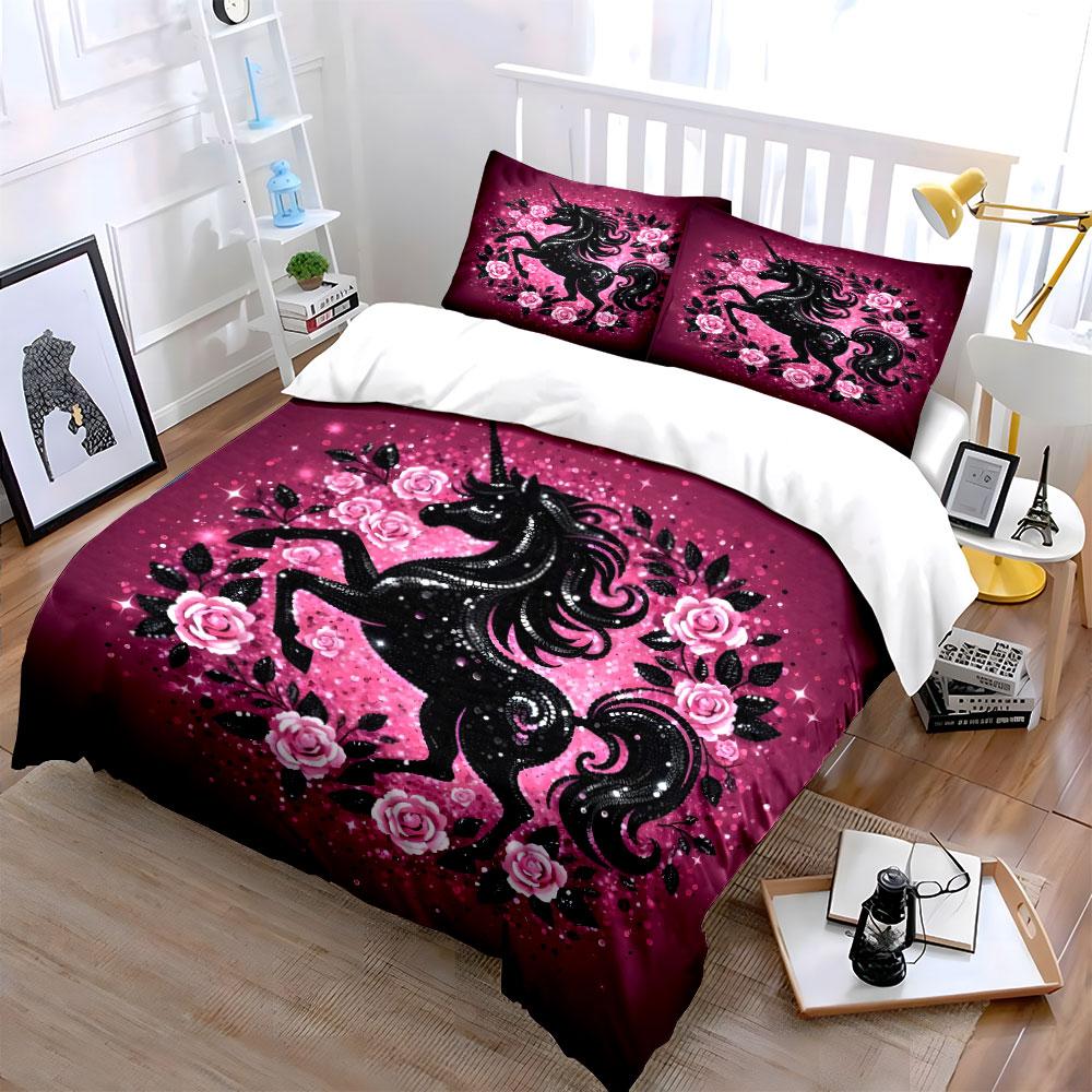 Sparkling Unicorn And Rose Design Kid'S And Adults' Bedroom Decor, Exquisite Three-Piece Bedding Set Gift