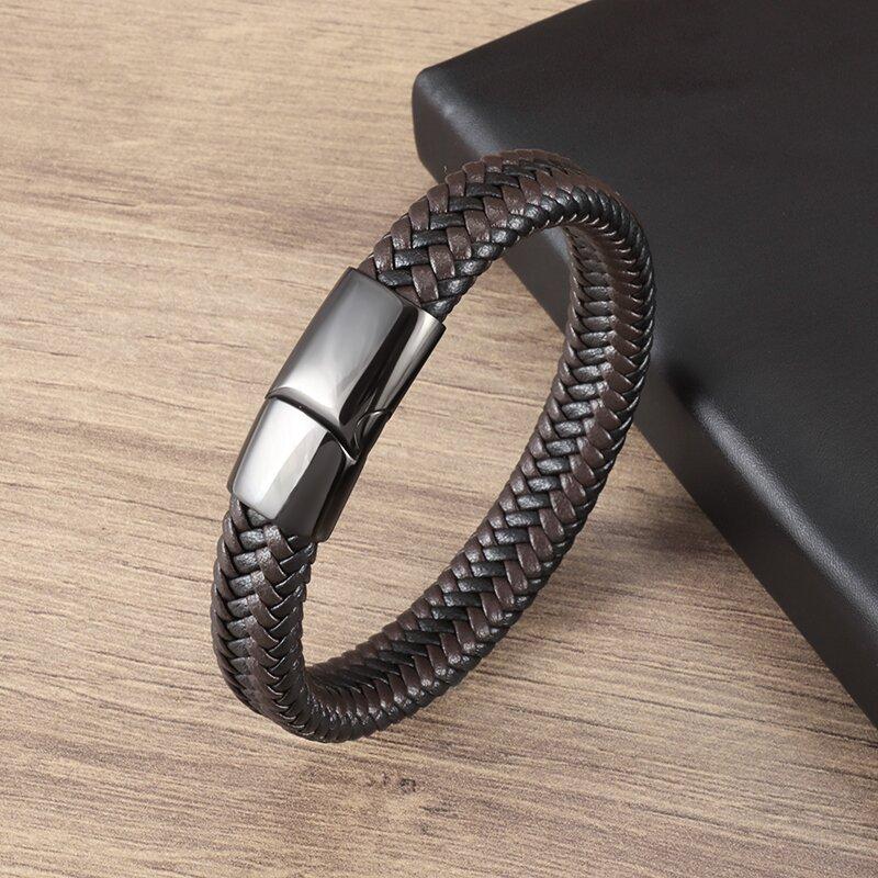 Double Layer Punk Brown Braided Leather Bracelet for Men with Metal Magnetic Clasp Stylish Business Bracelet Jewelry Gift