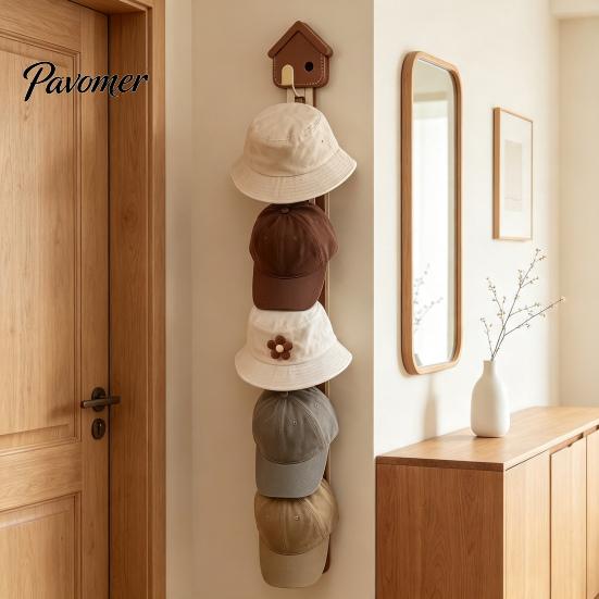 Decorative Wall Hooks for Home Hat Organizer with 8 Hooks, Wall-mounted Baseball Cap Rack, Cute House Shape Rack Vertical Storage Holder Bags Scarves