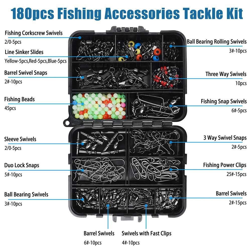 180Pcs Fishing Swivels Accessories Kit Barrel Swivels Ball Bearing Swivels Fishing Snap Swivels Sinker Slide Connector Tools