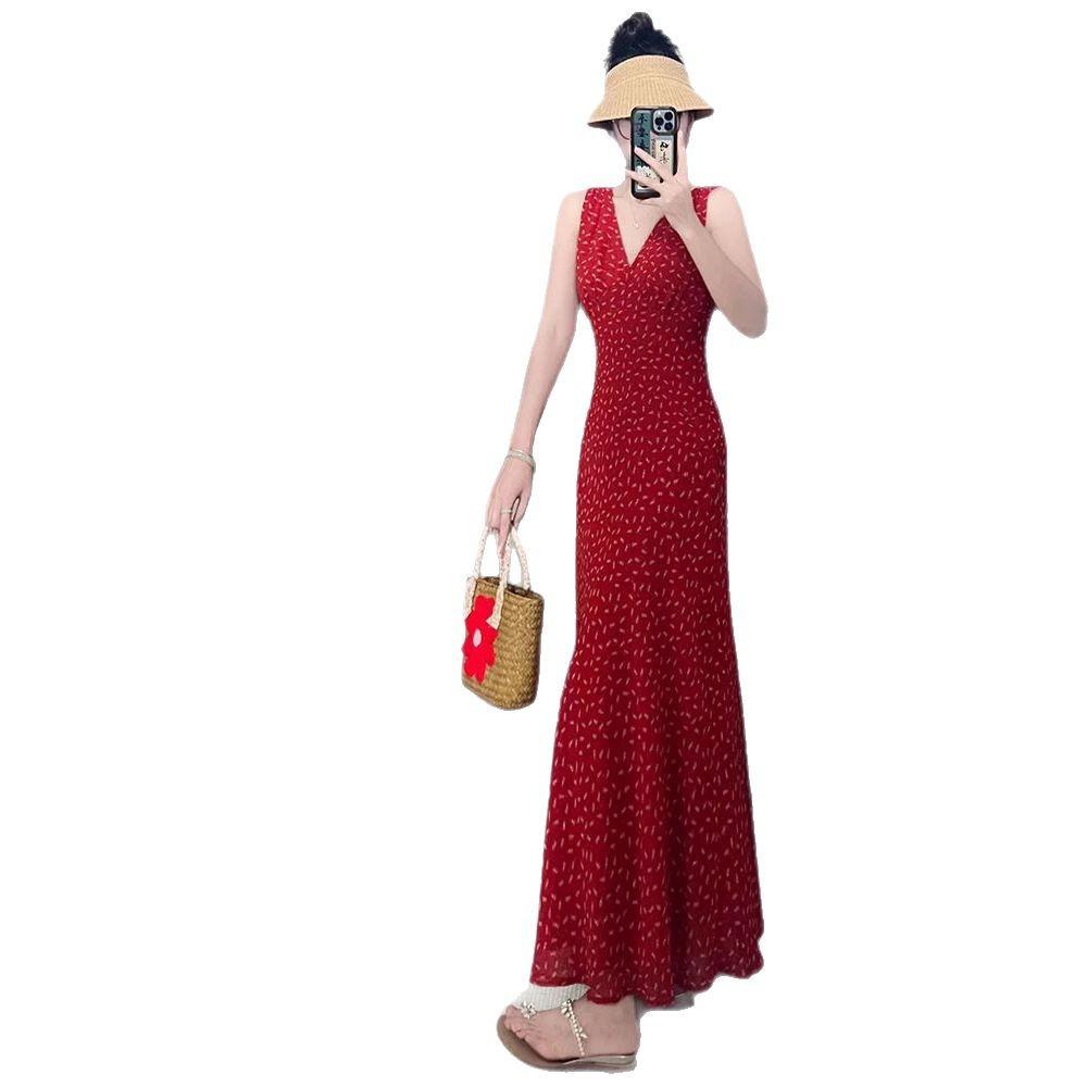 New Pure Desire Red Straps Suspender Floral Dress Women's Waist and Thin Temperament Dress