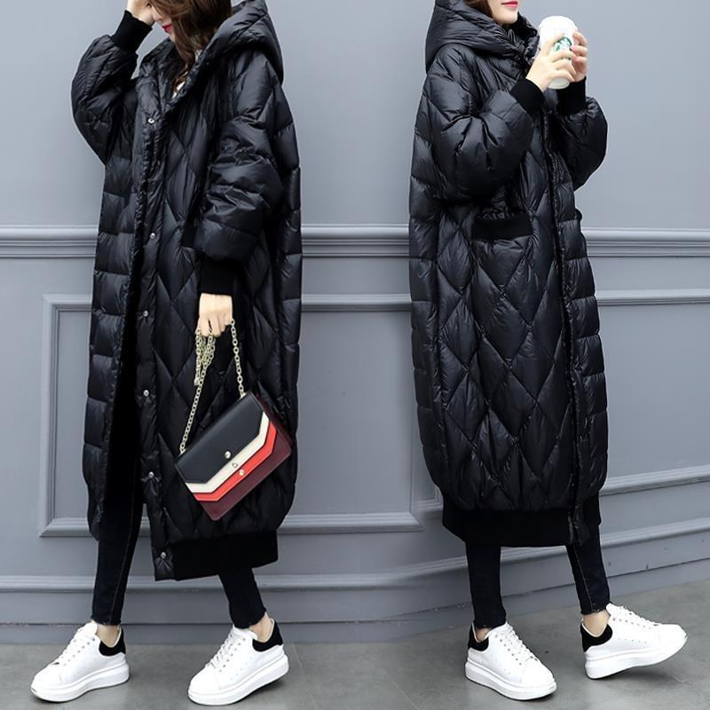 Long glossy down cotton-padded jacket, new large size loose over the knee, black cotton-padded jacket, women's winter clothing