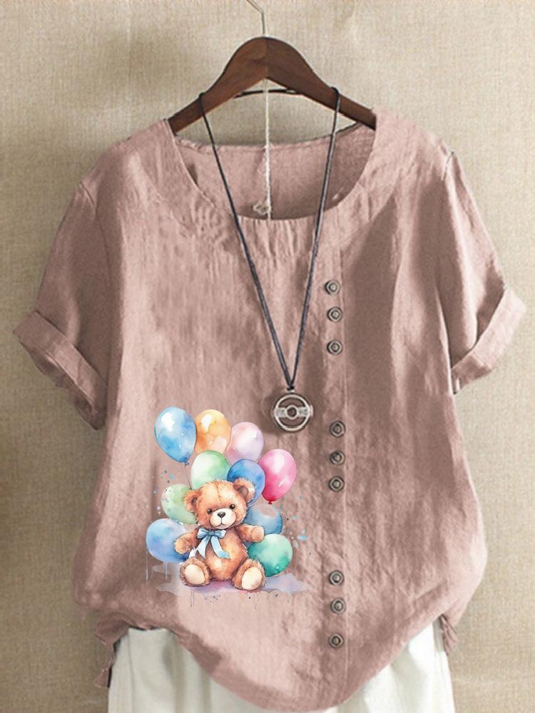 Women's Fashion Bear Print Round Neck Short Sleeve T-shirt Summer Casual Cotton Linen Graphic Shirt Leisure Loose Blouse Tops