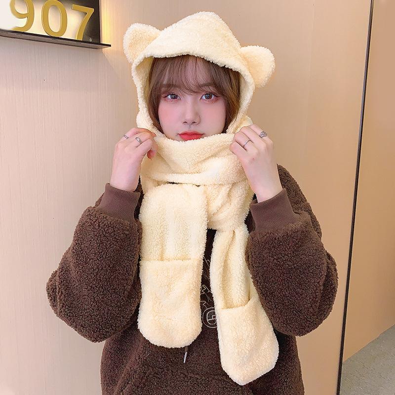 Bear hat women's winter scarf gloves three-piece cotton fleece integrated hooded cute thickened warm ear protector cotton hat