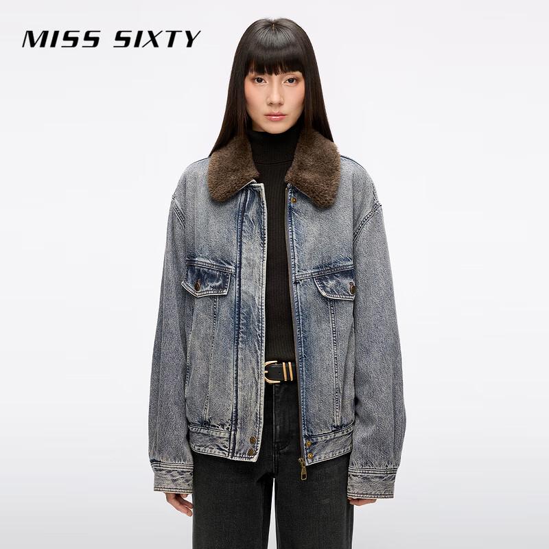 

MISS SIXTY Women s Detachable Fur Collar Fleece Lined Loose Denim Jacket M
