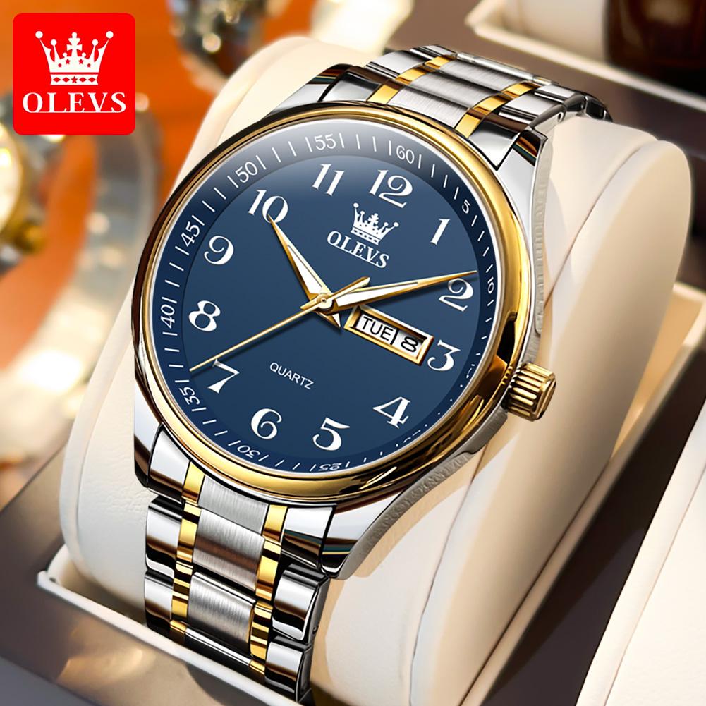 OLEVS Trendy popular mens watches Dual Calendar waterproof Arabic numeral scale luminous quartz wristwatch genuine watch for man