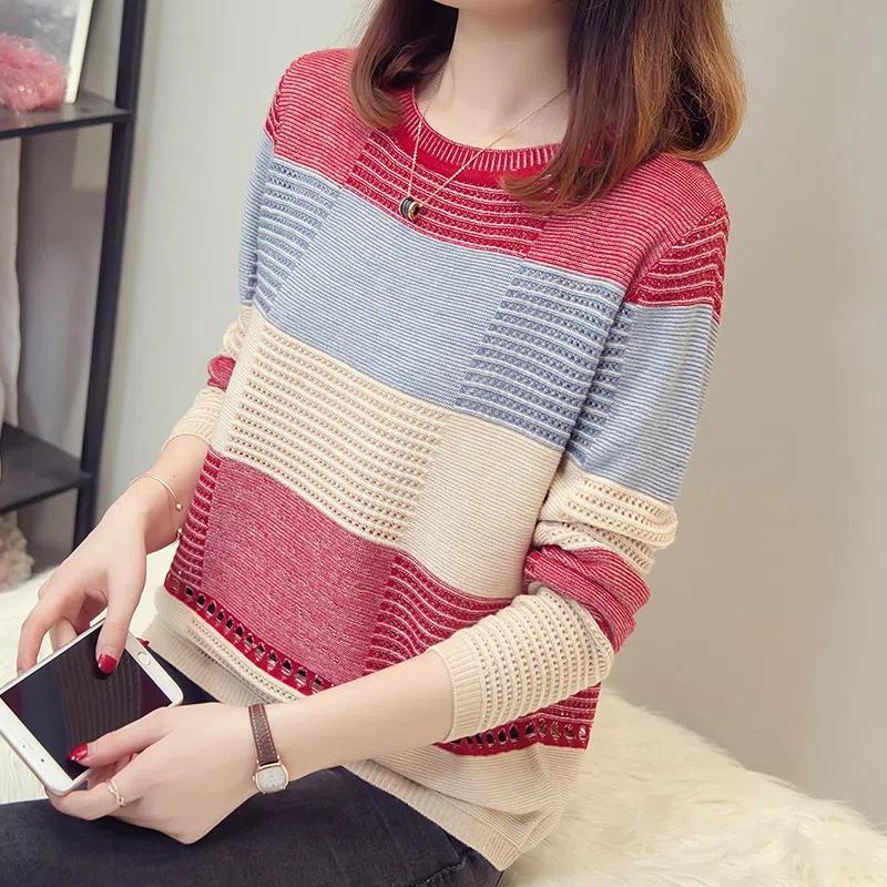 Dzianinowe t-shirty O-neck Wiosna Jesień Patchwork Swetry z długim rękawem Casual Hollow Out Swetry w paski Rozrywka Koreańskie swetry
