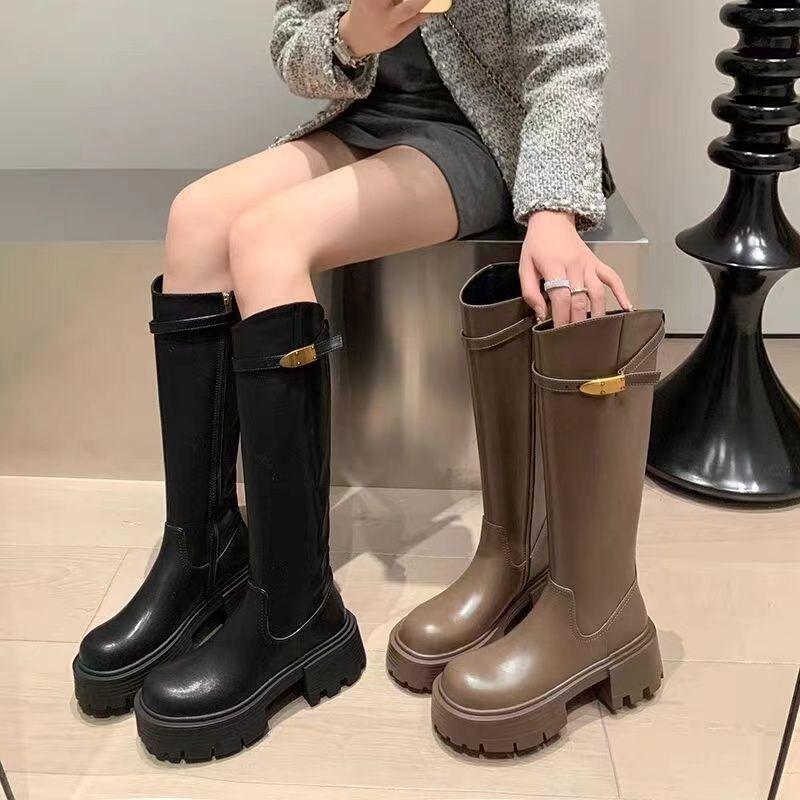 Oblique Thick Heel High Heel Round Head Small Thick Sole Women's 2025 Autumn and Winter New Metal Buckle Versatile Long Tube Knight Boots