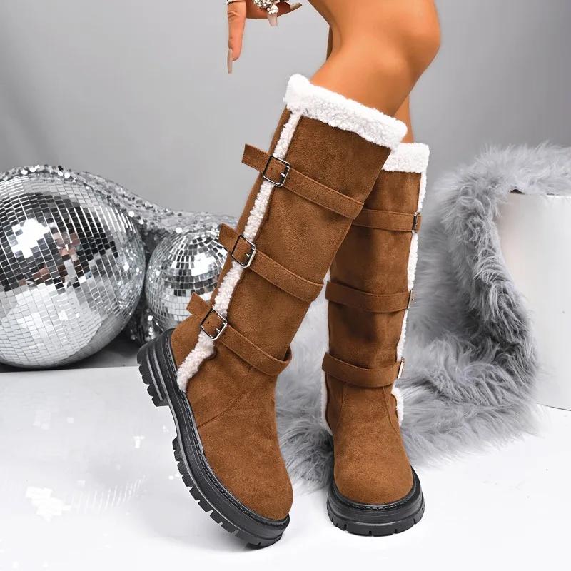 Women's Winter Keep Warm Snow Boots Fashion Suede Velvet Belt Buckle Platform Women's Plush Cotton Boots Tall Boots Botas Mujer
