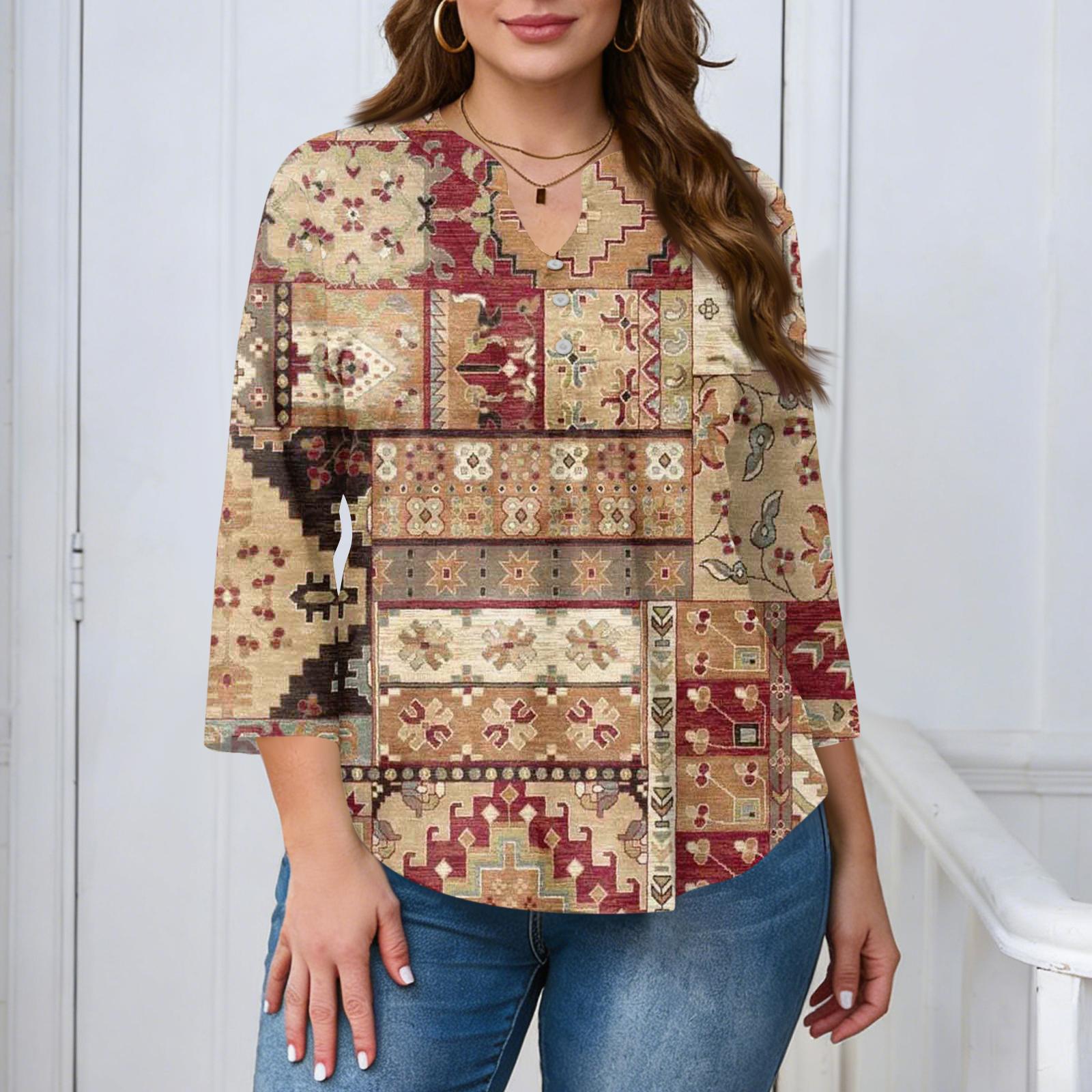 

Plus Size Womens Casual Loose Fit V Neck Printed Blouse with Buttons Three Quarter Sleeve Relaxed Fit Top for Daily Wear XL