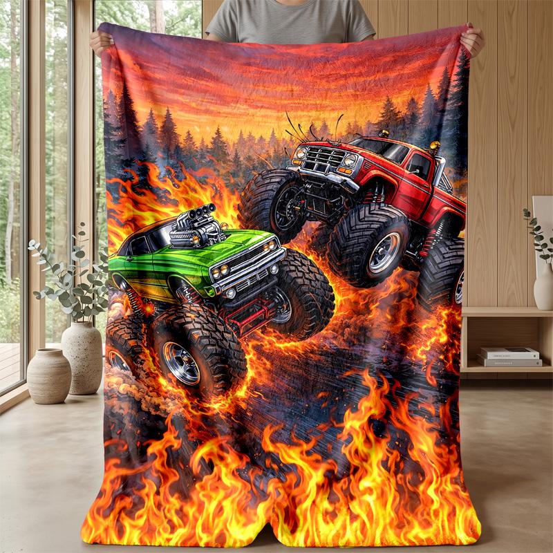 Fire-Racing Monster Trucks Theme Blanket Lightweight Warm Flannel Blanket Decorative Throw Blanket for Home Decoration