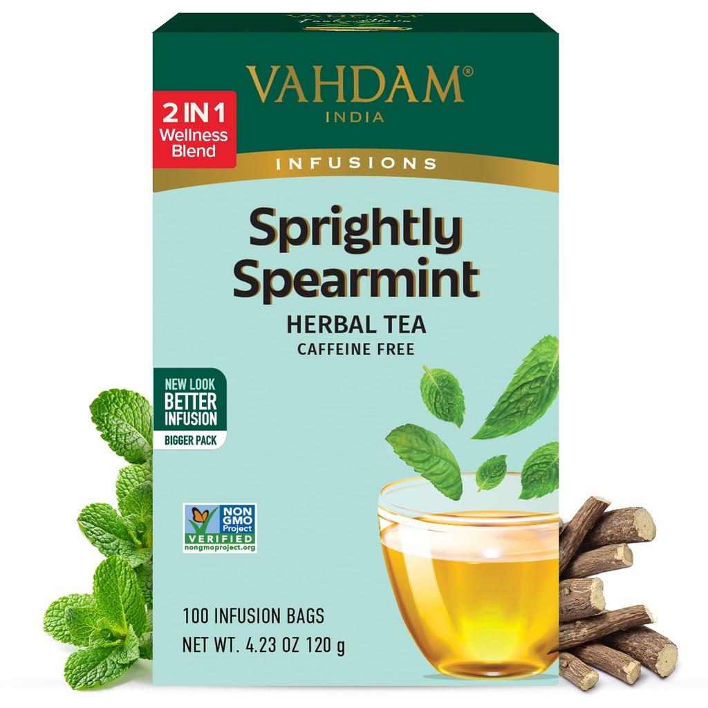 VAHDAM India, Infusions, Herbal Tea, Spritely Spearmint, Caffeine Free, 100 Infusion Bags, 120g (4.23oz)