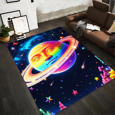 Rainbow Saturn Face Carpet with Colorful Stars and Cosmic Design Suitable for Use As an Anti-slip for Living Room Bedroom Sofas