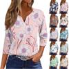 Women's Fashion And Leisure Flower Print V Neck 3/4 Sleeve Button Top T-shirt Top