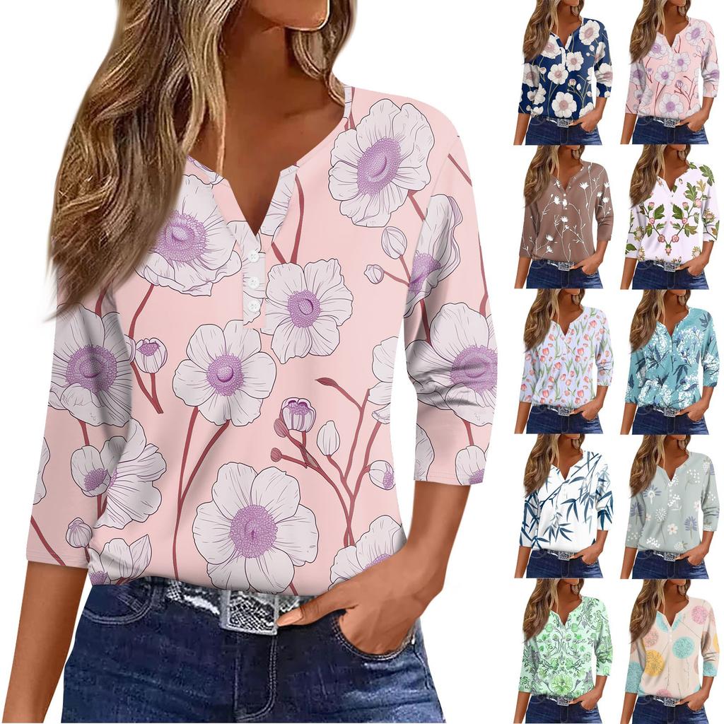 Women's Fashion And Leisure Flower Print V Neck 3/4 Sleeve Button Top T-shirt Top