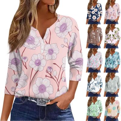 Women's Fashion And Leisure Flower Print V Neck 3/4 Sleeve Button Top T-shirt Top