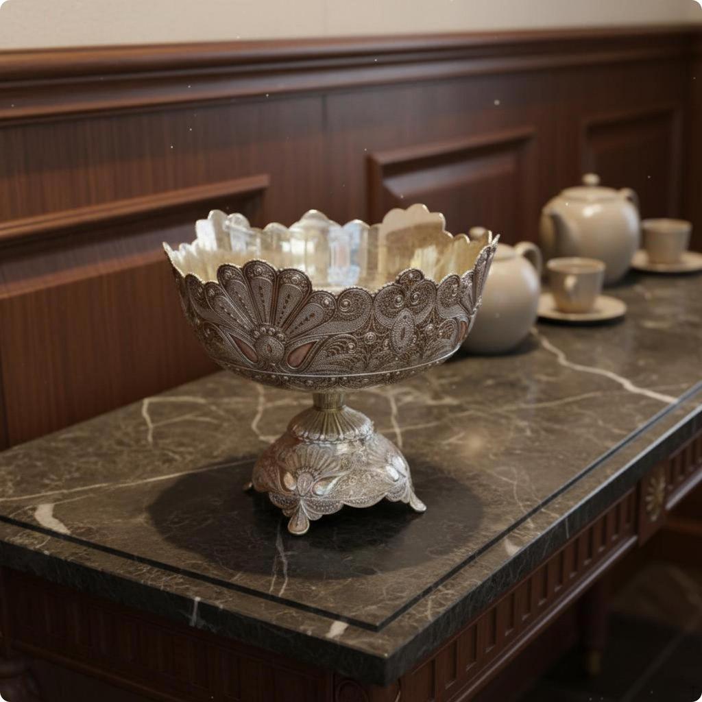 Pedestal Bowl Metal Embossed Floral for Tabletop S