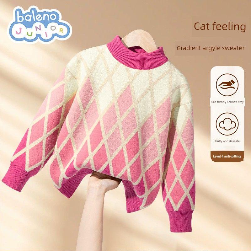 Baleno Kids Children s Sweater Autumn and Winter Style Girls  Thickened Round Neck Base Shirt Girls  Autumn Warm Knitwear Powder#Solid Color 120